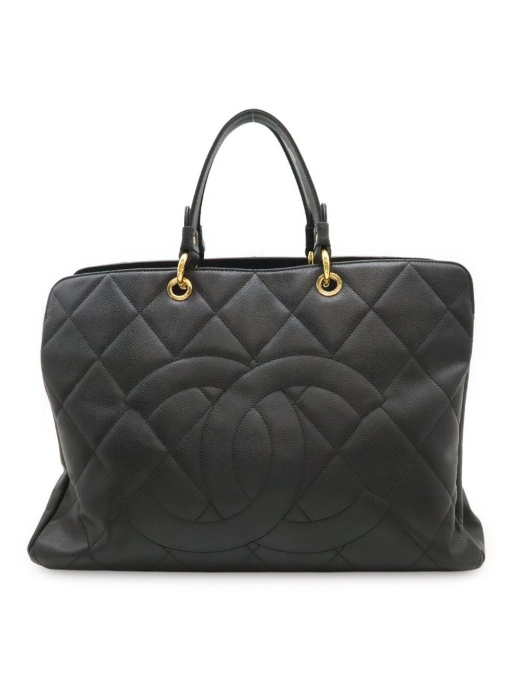 Chanel Quilted CC Logo Tote Bag Large Caviar Leather Black Silver